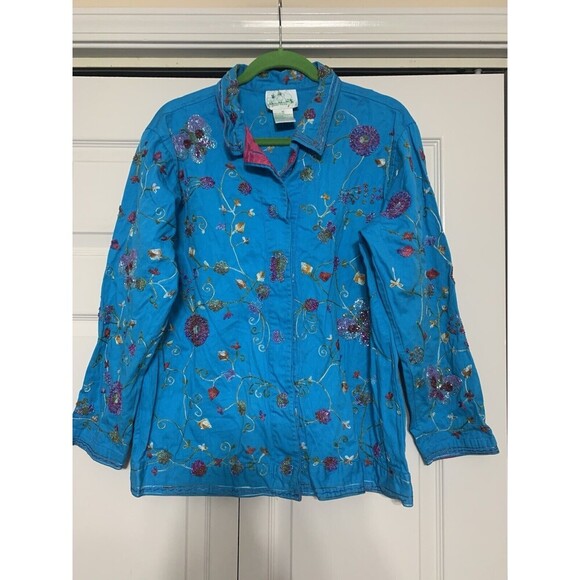 The Quacker Factory Aqua Blue Embroidered And Beaded Floral & Butterfly Jacket M - Picture 5 of 9